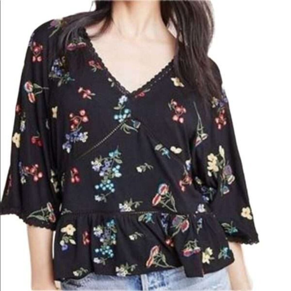 By Anthropologie Top Parvati Black‎ Floral Embroidered V Neck Popover Womens Sm